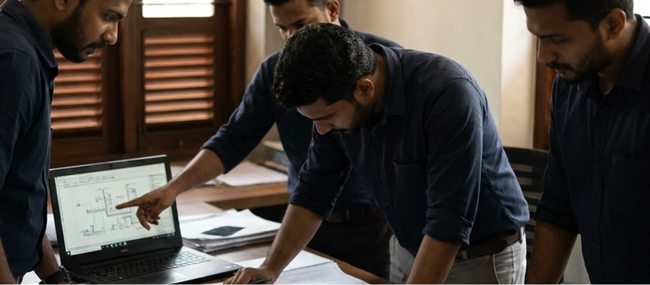 HEXA engineers reviewing HVAC layout drawings around a site table